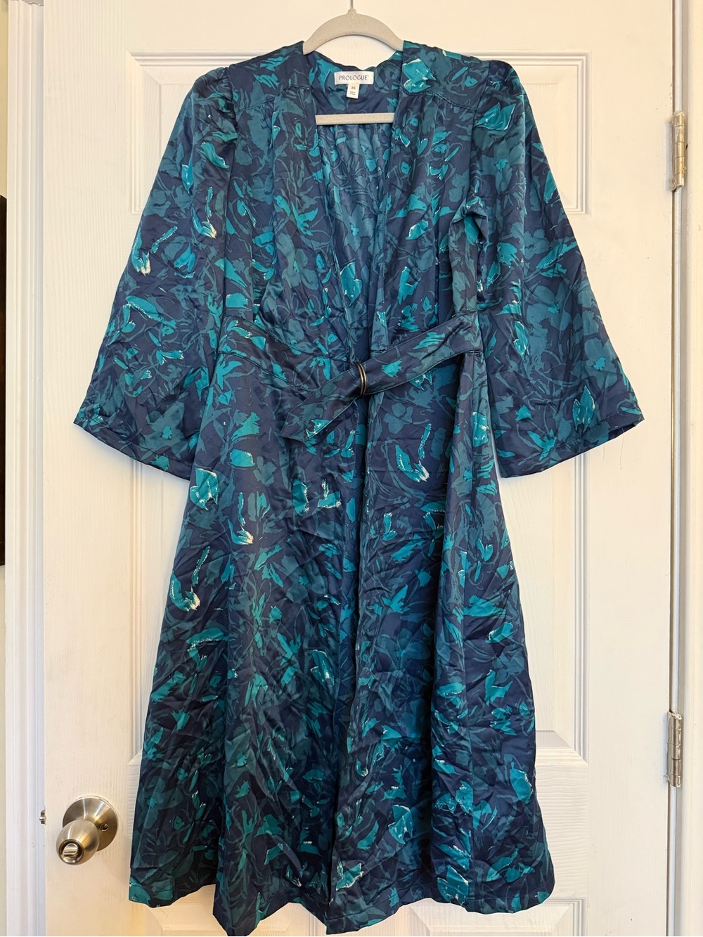 Blue Green Floral Wrap Dress or Kimono or Duster with Belt